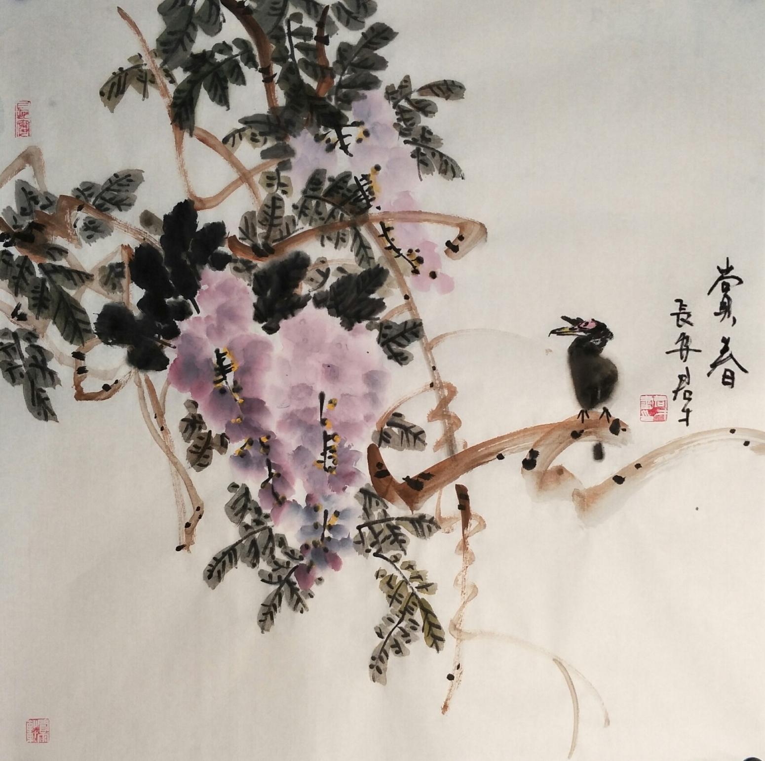 田君才国画作品《赏春》