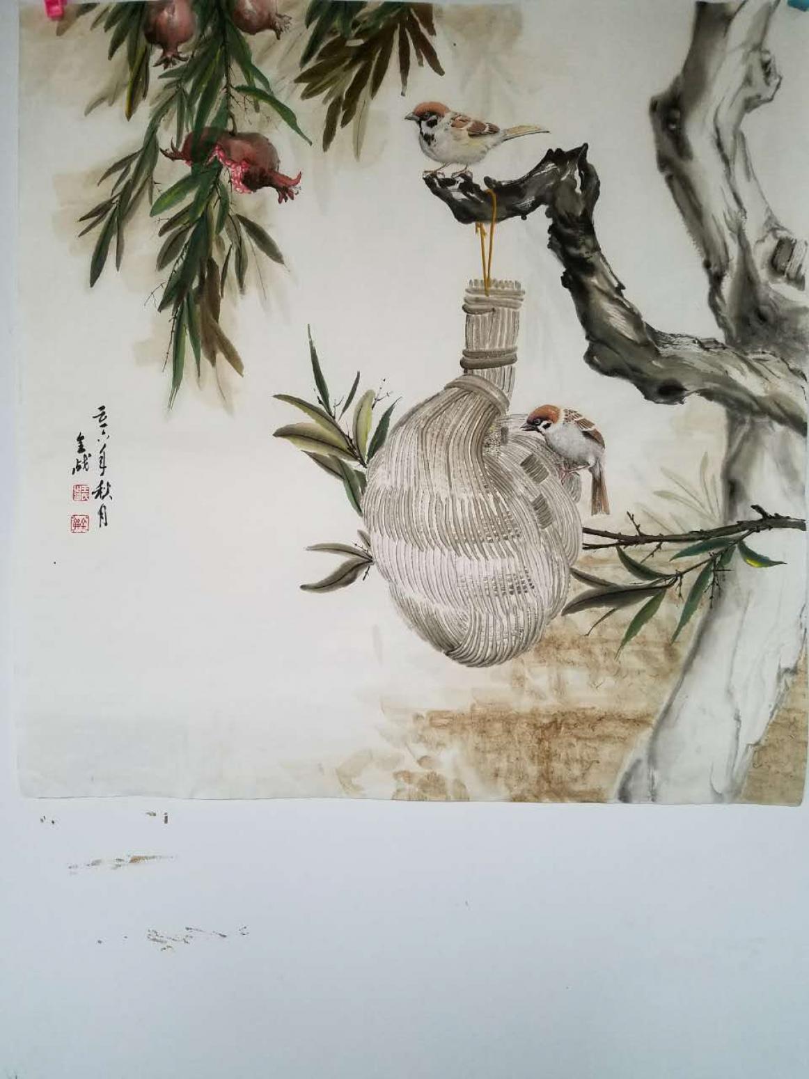 王全战国画作品《桑雀图》【图1】