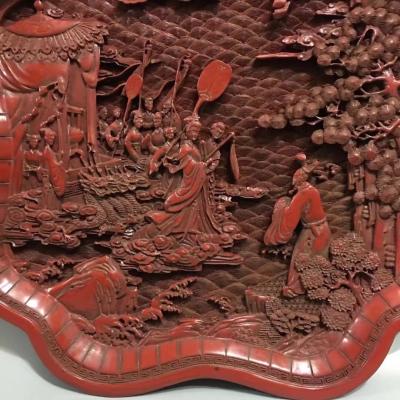 东方古玩城堡收藏-回流老漆器剔红浮雕人物故事图漆器大盘摆件，尺寸细节如图，喜欢的私聊【图1】