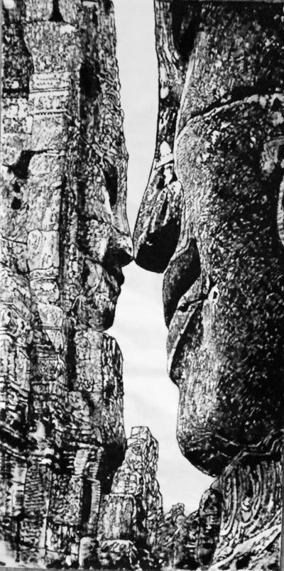 马培童日记-我画吴哥石窟，主要运用了 我们徐州汉画像石刻的刀法，凿，錾，以笔代刀，以纸为石，【图2】