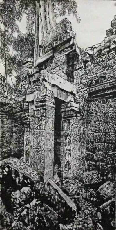 马培童日记-我画吴哥石窟，主要运用了 我们徐州汉画像石刻的刀法，凿，錾，以笔代刀，以纸为石，【图4】