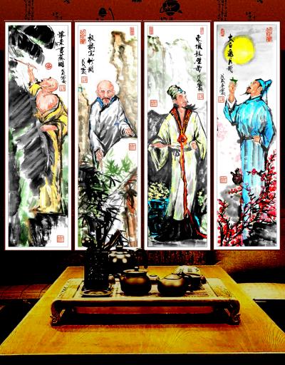 潘宁秋日记-怀素书蕉图、板桥写竹图、东坡题壁图、太白邀月图
三尺对开100cmX25cm【图1】