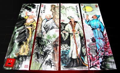 潘宁秋日记-怀素书蕉图、板桥写竹图、东坡题壁图、太白邀月图
三尺对开100cmX25cm【图2】