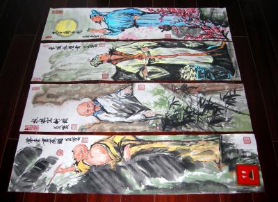 潘宁秋日记-怀素书蕉图、板桥写竹图、东坡题壁图、太白邀月图
三尺对开100cmX25cm【图3】