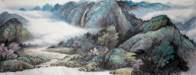 严巍日记-刚完《山桃半透胭脂红》,严巍原创山水国画，尺寸66x180【图1】