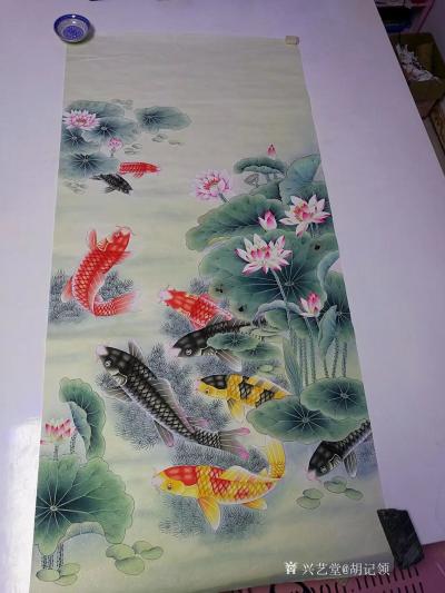 胡记领日记-客户书房装裱的，我的四尺工笔九鱼图欣赏。胡记领【图2】