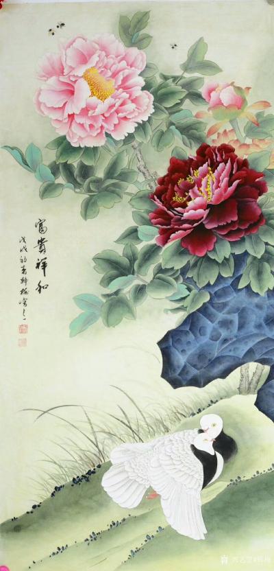 韩梅收藏-工笔画《富贵祥和》，客户订制作品完成。其镜景:只羡鸳鸯不羡仙。
韩梅【图1】
