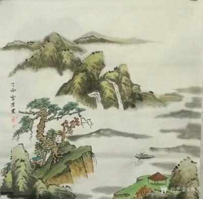 贾芳日记-国画山水作品《寒江垂钓》，尺寸66*66cm。
贾芳【图1】