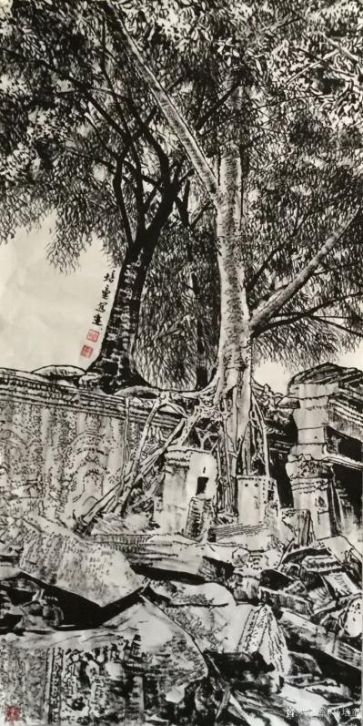 马培童日记-三，创作高棉的微笑，用焦墨画石窟佛像，喜，怒，哀，乐，是以点，线，面，主体构成的【图3】