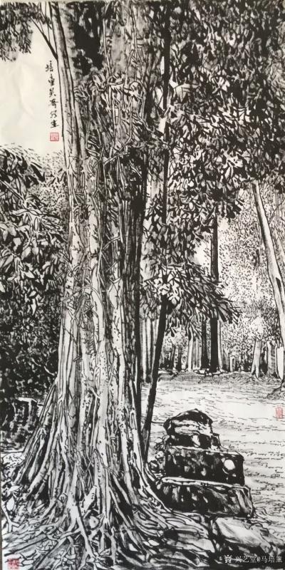 马培童日记-三，创作高棉的微笑，用焦墨画石窟佛像，喜，怒，哀，乐，是以点，线，面，主体构成的【图5】