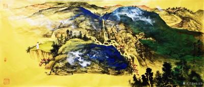 张近生日记-溪 山 春 晓 图  一一泥金泼彩160cmx70cm。张近生国画【图1】