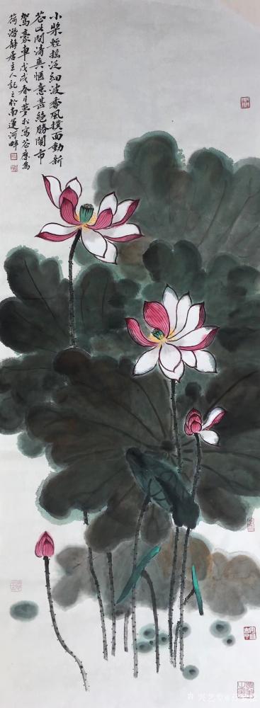 石梦松日记-小桨轻摇泛细波，香风扑面动新荷。此间清爽逍遥甚，绝胜闹市驾豪车。石梦松国画作品【图1】