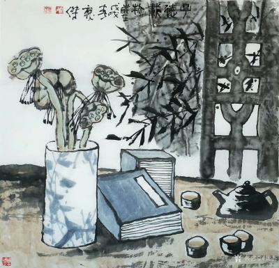 魏杰日记-为一位德高望重的老师画的二幅画《品茗图》《厚德载物》。
魏杰 画作【图2】