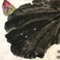 艺术家石广生日记:国画《雨晴》
是日小雨，因见荷叶水珠晶莹透剔，遂生画意。奈【图0】