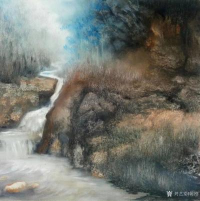 陈刚日记-国画山水《峡谷溪流》，九华天池写生作品。局部图，接近写实，越是放大越有感觉。
【图1】