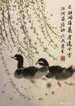石广生日志-国画《杨柳晓岸》
写字剩墨不忍弃，涂对黑鸭水中戏。烂笔破纸【图1】