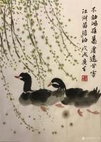 艺术家石广生日记:国画《杨柳晓岸》
写字剩墨不忍弃，涂对黑鸭水中戏。烂笔破纸【图0】