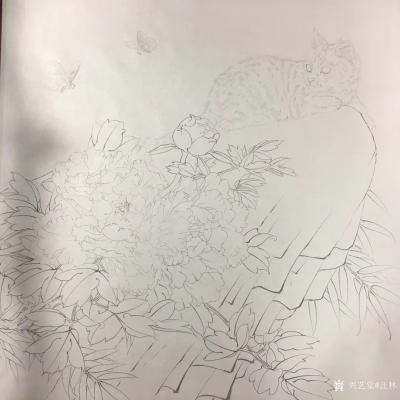 汪林日记-工笔画作品《赏花观蝶》新完成，尺寸60x60cm，分享给大家欣赏，喜欢的可订制。【图1】