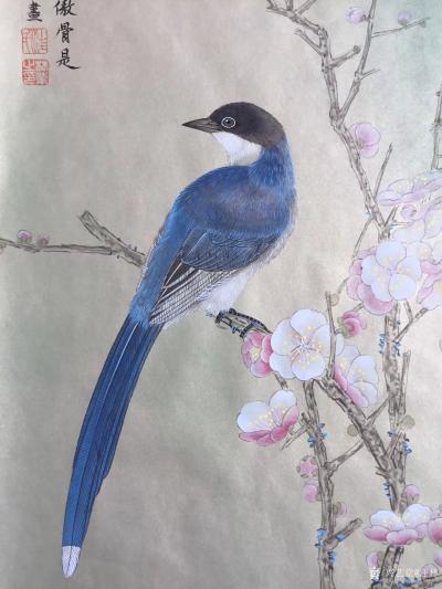 汪林日记-客户定制工笔花鸟画作品《梅兰竹菊》完成，尺寸100x35cm，
探波傲雪剪雪裁【图3】