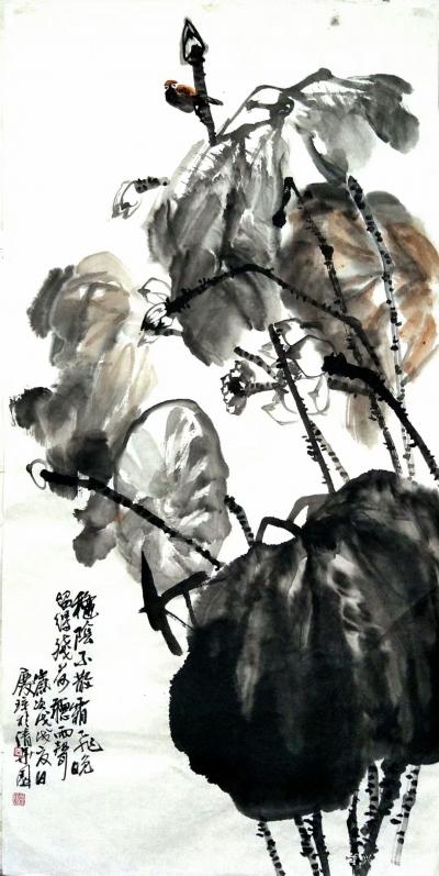 甘庆琼日记-国画花鸟新作《秋阴不散霜飞晚，留得残荷听雨声》尺寸~ 136 X 68cm，《无【图1】