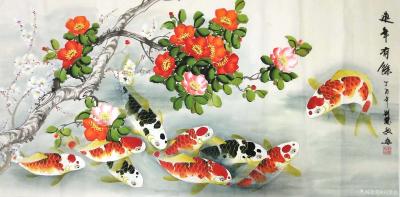 刘慧敏日记-工笔花鸟画《连年有余》系列作品，红鲤鱼与荷花搭配，红鲤鱼与葡萄搭配，红鲤鱼与鲜花【图2】