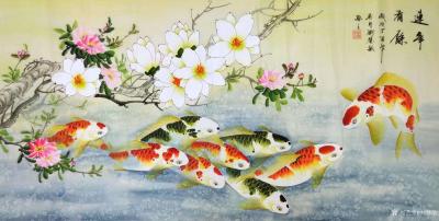 刘慧敏日记-工笔花鸟画《连年有余》系列作品，红鲤鱼与荷花搭配，红鲤鱼与葡萄搭配，红鲤鱼与鲜花【图3】