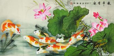 刘慧敏日记-工笔花鸟画《连年有余》系列作品，红鲤鱼与荷花搭配，红鲤鱼与葡萄搭配，红鲤鱼与鲜花【图5】