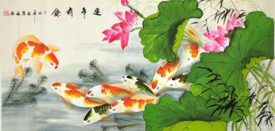 刘慧敏日记-工笔花鸟画《连年有余》系列作品，红鲤鱼与荷花搭配，红鲤鱼与葡萄搭配，红鲤鱼与鲜花【图6】