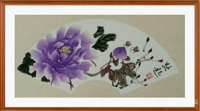 何跃起日记-国画牡丹扇面3幅，附上墙效果图，家庭有画，氛围完全不同了，艺术品家装的时代来临。【图1】