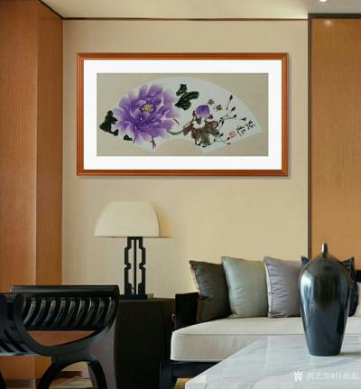 何跃起日记-国画牡丹扇面3幅，附上墙效果图，家庭有画，氛围完全不同了，艺术品家装的时代来临。【图2】