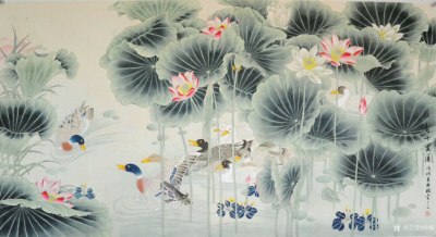 韩梅日记-工笔花鸟画《荷塘戏鸭图》完工，六尺整张，配整体图和局部图，供欣赏，喜欢可订制【图1】