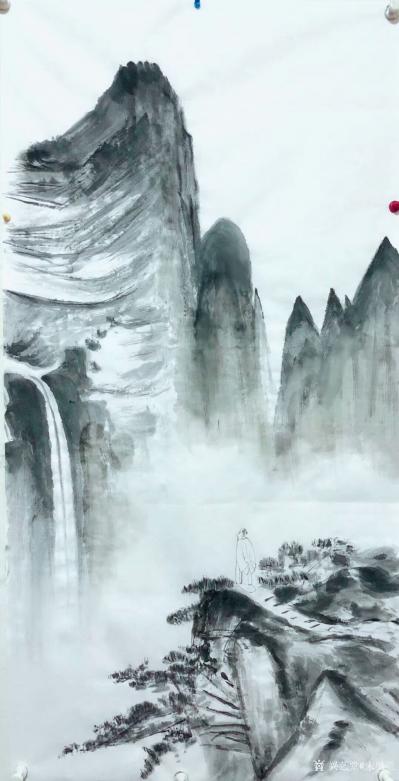 宋继兰日记-晒晒新作国画山水画《观泉图》，图一为绘制过程的墨稿，图二为成品作。【图1】