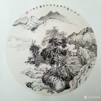 李高日记-国画《山水人家》
本周画的一张山水画团扇，软卡，50*50厘米。
梦后楼台高【图1】