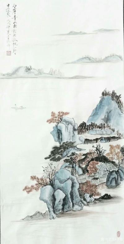 李牧日记-国画山水画《两岸青山相对出，孤帆一片日边来》，《松下茅亭五月凉，汀沙云树晚苍苍》【图1】