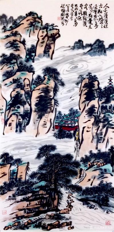 龚光万日记-国画山水画《  人近清溪临古松，小桥吹过野田风。春花不厌迟来客，依旧殷勤一路迎。【图1】