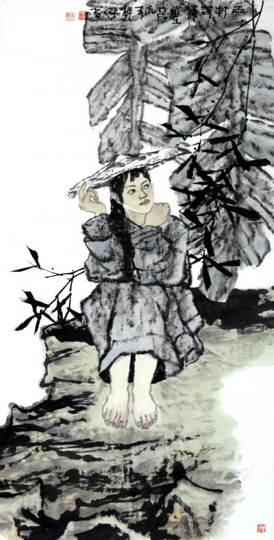 魏杰日记-国画人物画《东坡赏竹图》，《雨打芭蕉》，《清晨的霞光》，《茶香图》，《塞北梅花羌【图2】