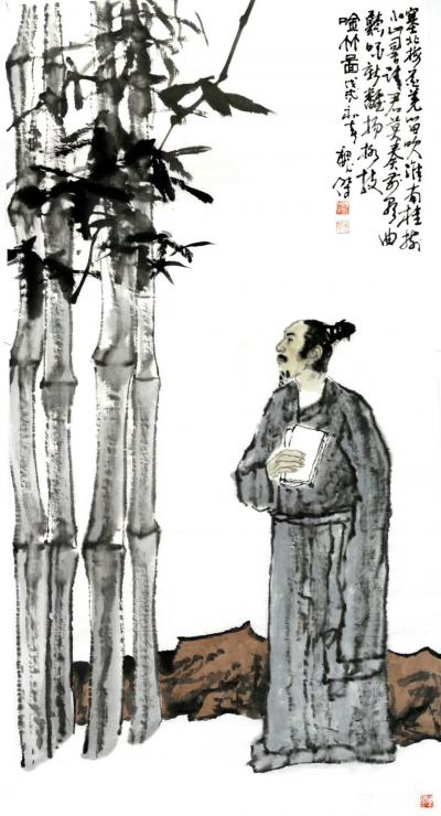 魏杰日记-国画人物画《东坡赏竹图》，《雨打芭蕉》，《清晨的霞光》，《茶香图》，《塞北梅花羌【图5】