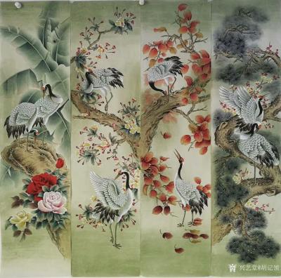 胡记领日记-工笔花鸟画四条屏，《松鹤延年》，敬请欣赏，欢迎结缘【图1】