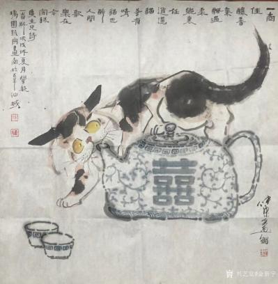 金新宇日记-金氏画壶，天下一壶，见者有福，与桂林猫王王大师合作。王大师擅长画猫，用笔简洁生动【图1】