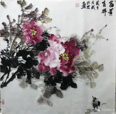 汪琼日记-今天画的国画花鸟画《富贵吉祥》，《紫云图》斗方两幅，尺寸68*68cm【图1】