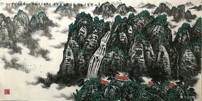 叶向阳日记-翰墨颂中华:国画山水画《青山耸翠千重锦银瀑长流万里涛》。恭请亲朋好友共同分享并雅【图1】