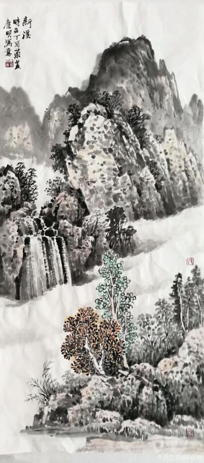 陈庆明日记-国画竖幅山水画三幅
《溪畔家园》戊戍年仲春作品，《溪山雅石图》甲午年作品，《新【图1】