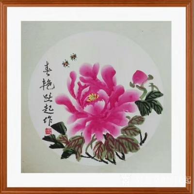 何跃起日记-国画牡丹姐妹花《醉春》，《春艳》，《花开富贵》，再配个上墙效果图，请欣赏【图5】