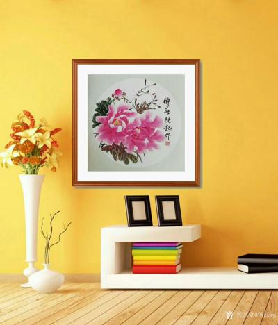 何跃起日记-国画牡丹姐妹花《醉春》，《春艳》，《花开富贵》，再配个上墙效果图，请欣赏【图6】