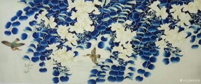 姜进清日记-国画花鸟画“成双成对”系列，尺寸小六尺180x70cm。花前月下，只羡鸳鸯不羡仙【图3】