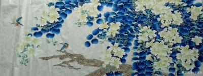 姜进清日记-国画花鸟画“成双成对”系列，尺寸小六尺180x70cm。花前月下，只羡鸳鸯不羡仙【图5】