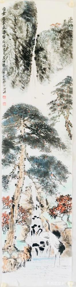 叶仲桥日记-今天，外出游学归来画了这张四尺对开《白云深处是吾家》。【图1】