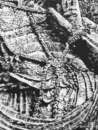 马培童日记-25，突破焦墨画的“无人之境”龙门、云岗石窟 写生。
焦墨画对象往往以山水为主【图7】