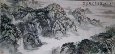 张喜才日记-国画山水画《游黄山》，录宋朱彦诗句，(游黄山)，‘’三十六峰高插天，瑶台琼宇贮神【图1】