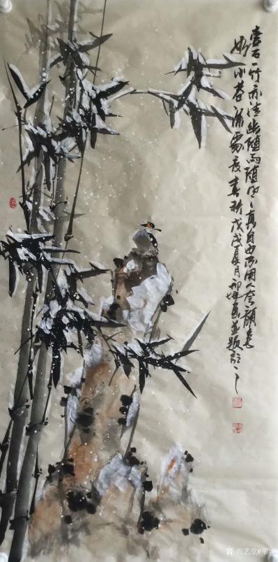 邢坤日记-国画花鸟画《莫道出土三寸高，且看将来上九宵》，《一石一竹亦清幽，随雨随风真自由，【图1】